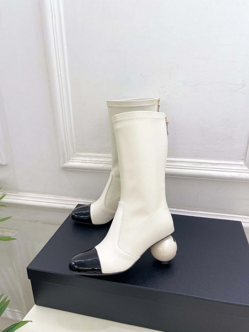 Chanel Jumbo Pearl Heel Stretch Boots Shoes C93688