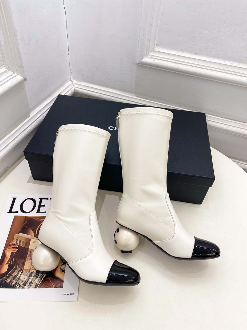 Chanel Jumbo Pearl Heel Stretch Boots Shoes C93688