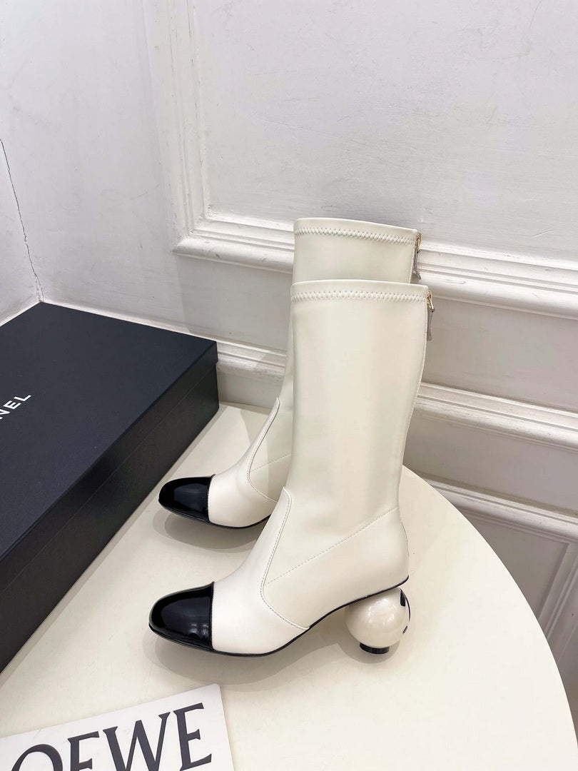 Chanel Jumbo Pearl Heel Stretch Boots Shoes C93688