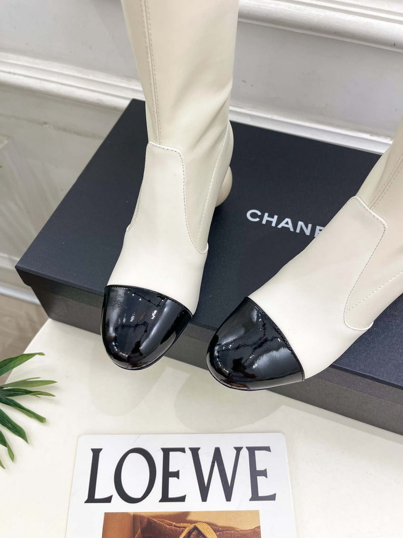 Chanel Jumbo Pearl Heel Stretch Boots Shoes C93688