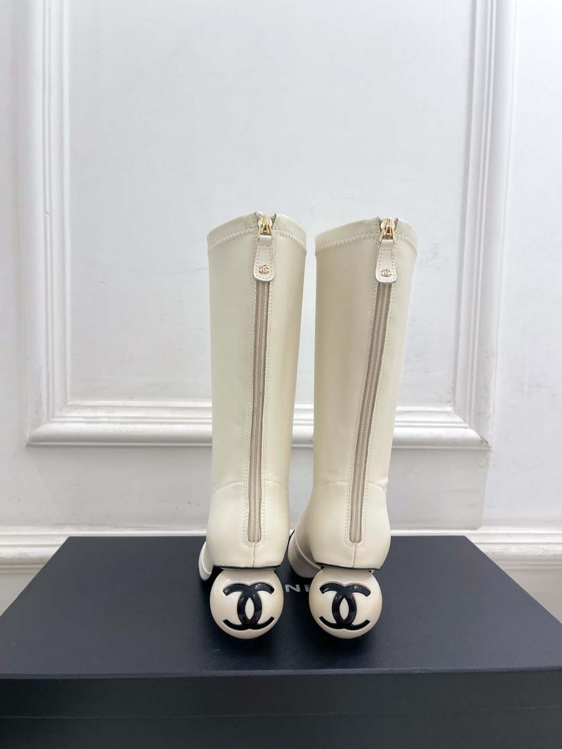 Chanel Jumbo Pearl Heel Stretch Boots Shoes C93688