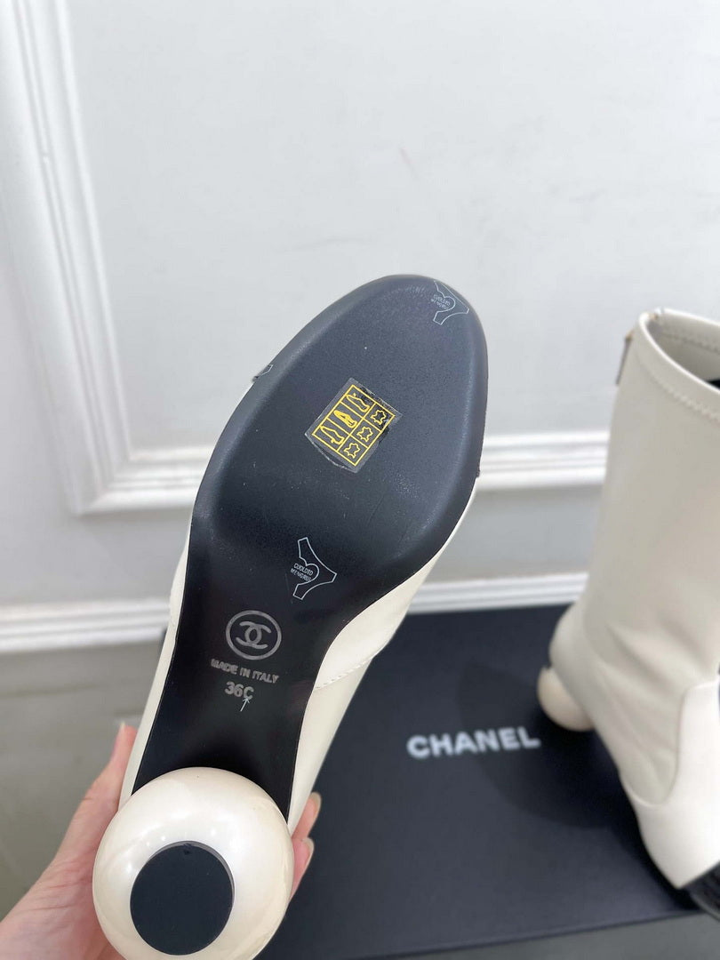 Chanel Jumbo Pearl Heel Stretch Boots Shoes C93688