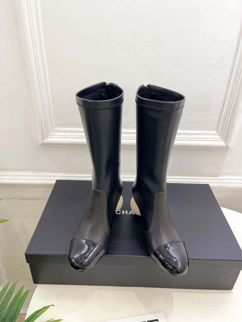 Chanel Jumbo Pearl Heel Stretch Boots Shoes C93689