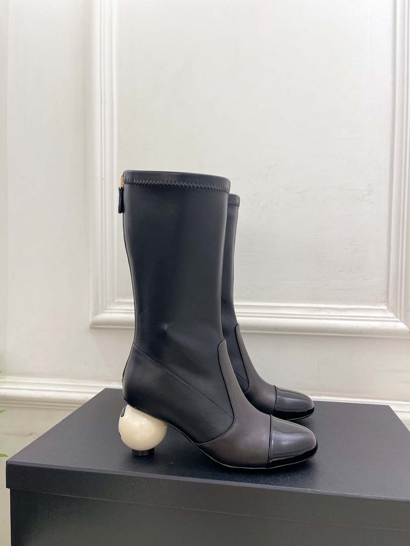 Chanel Jumbo Pearl Heel Stretch Boots Shoes C93689