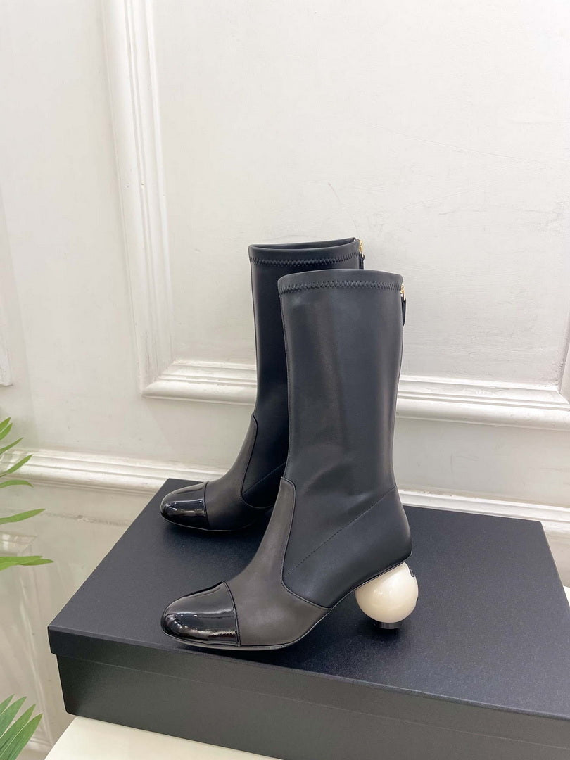 Chanel Jumbo Pearl Heel Stretch Boots Shoes C93689