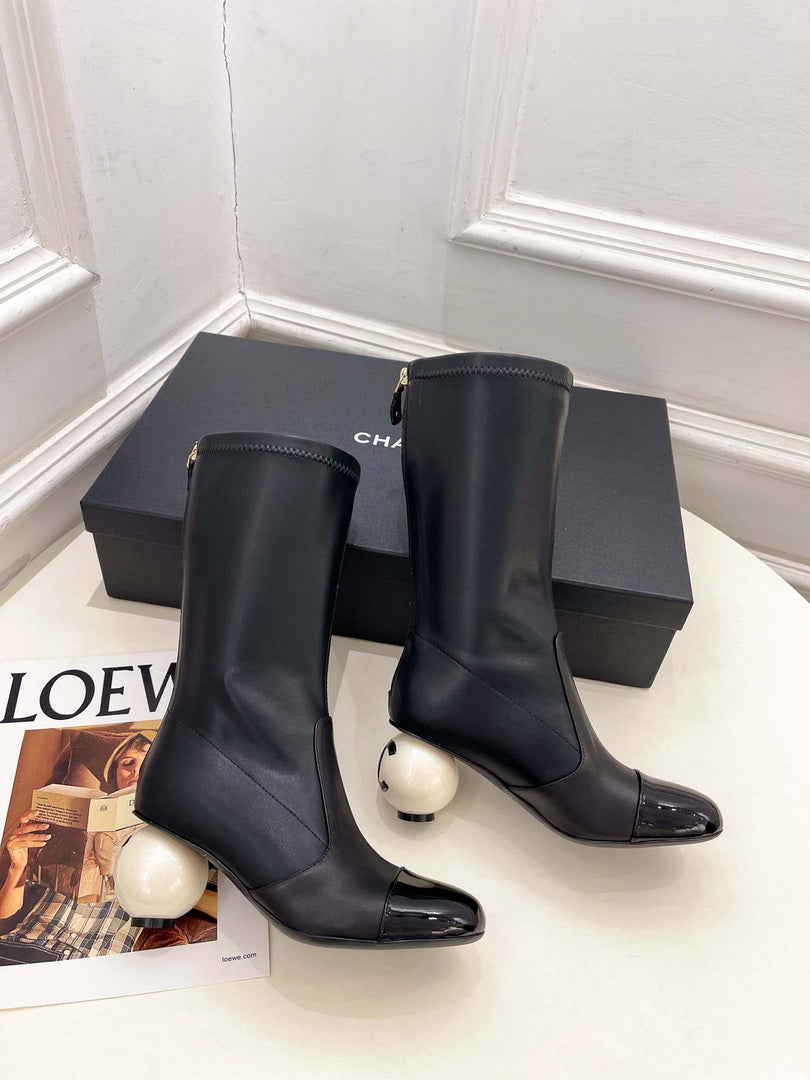 Chanel Jumbo Pearl Heel Stretch Boots Shoes C93689