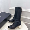 Chanel Jumbo Pearl Heel Stretch Boots Shoes C93689