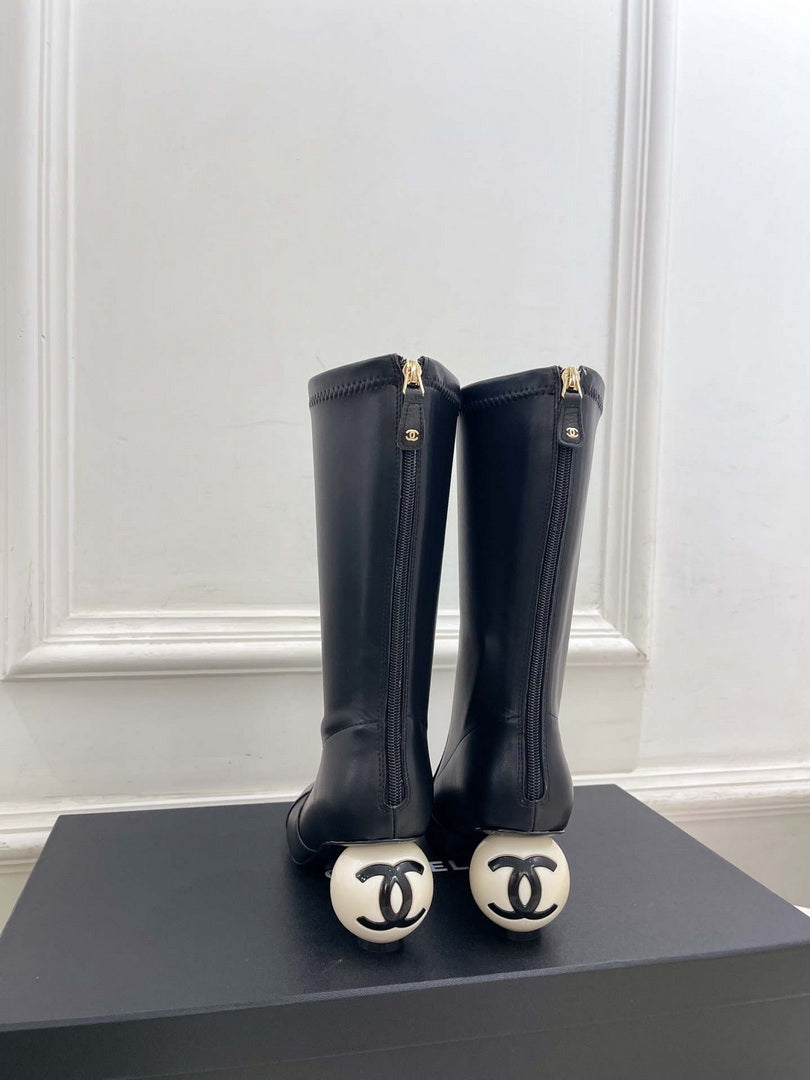 Chanel Jumbo Pearl Heel Stretch Boots Shoes C93689