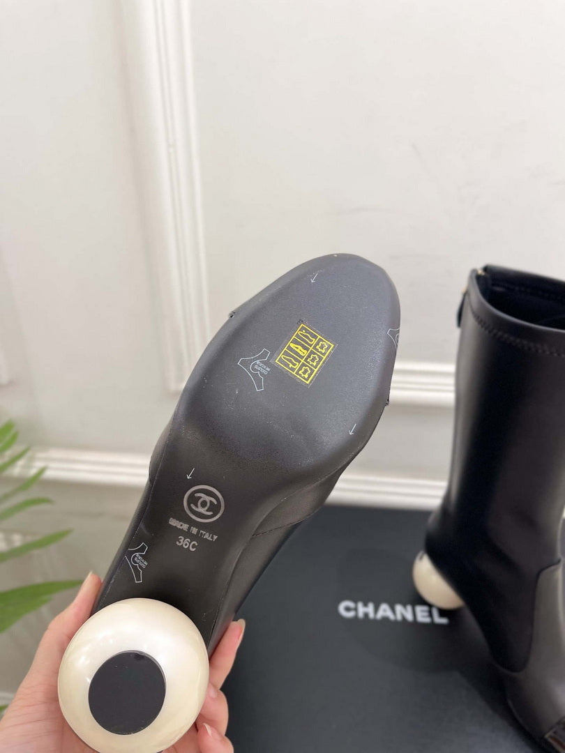 Chanel Jumbo Pearl Heel Stretch Boots Shoes C93689