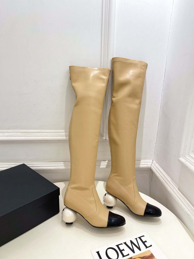 Chanel Jumbo Pearl Heel Stretch Boots Shoes C93690