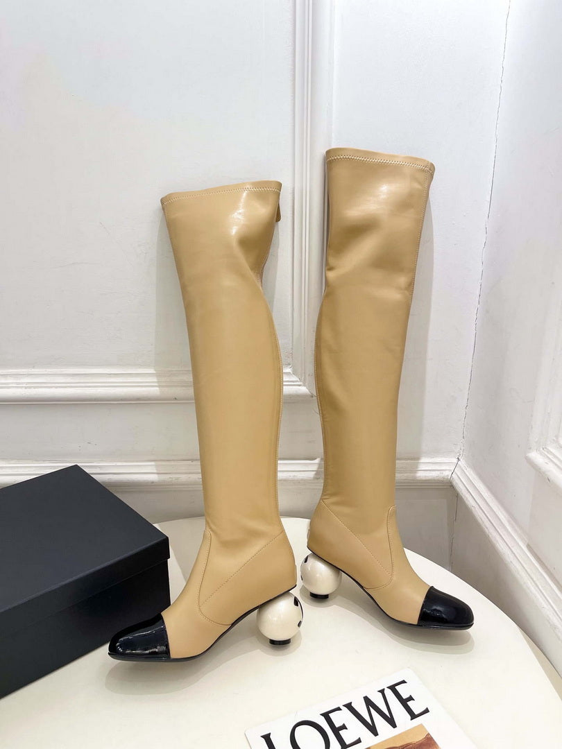 Chanel Jumbo Pearl Heel Stretch Boots Shoes C93690