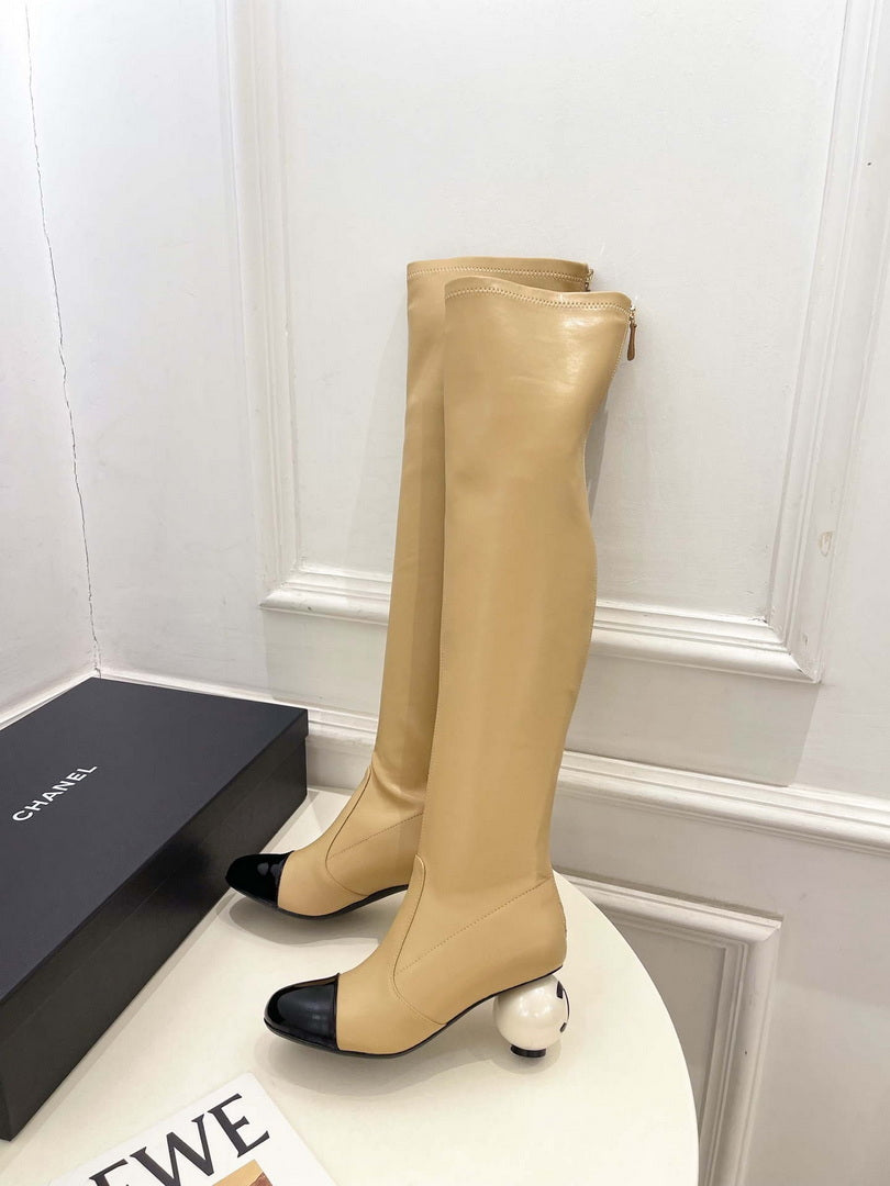 Chanel Jumbo Pearl Heel Stretch Boots Shoes C93690