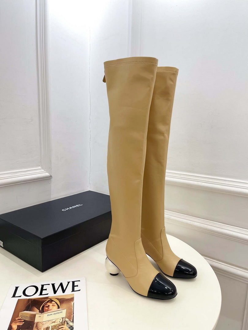 Chanel Jumbo Pearl Heel Stretch Boots Shoes C93690