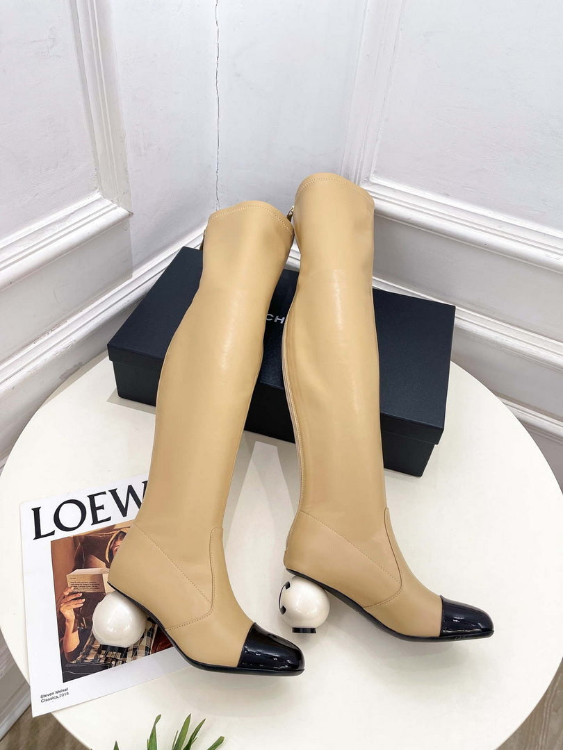 Chanel Jumbo Pearl Heel Stretch Boots Shoes C93690