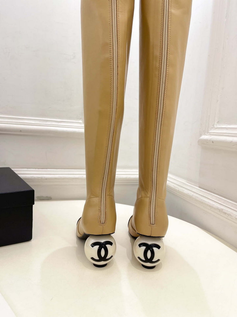 Chanel Jumbo Pearl Heel Stretch Boots Shoes C93690
