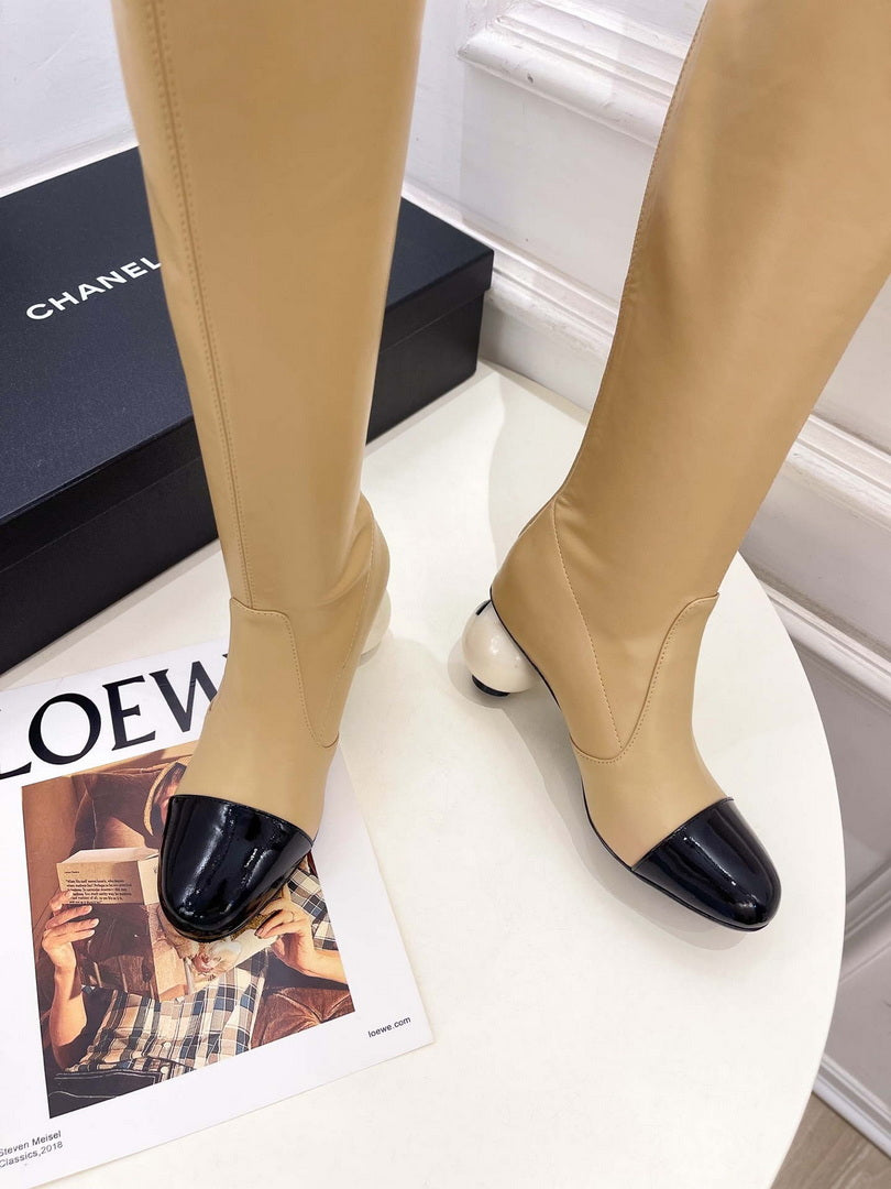 Chanel Jumbo Pearl Heel Stretch Boots Shoes C93690