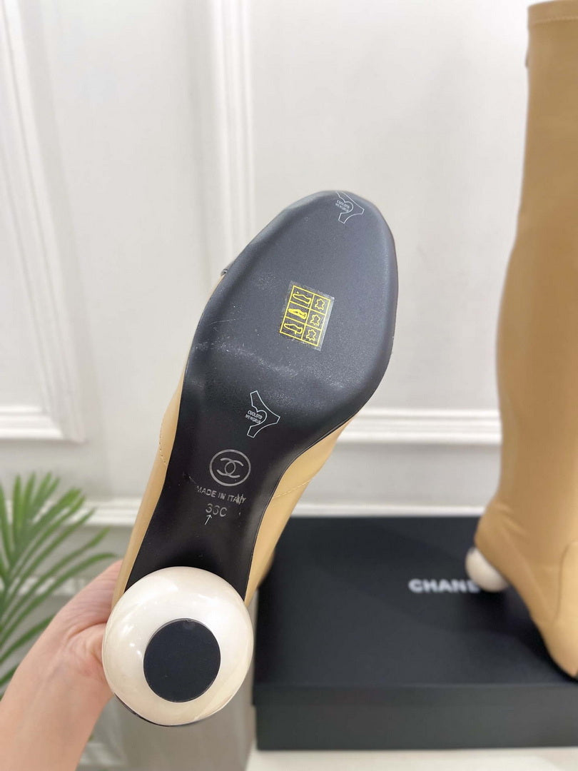 Chanel Jumbo Pearl Heel Stretch Boots Shoes C93690
