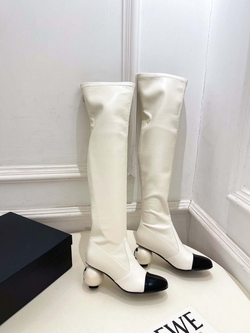 Chanel Jumbo Pearl Heel Stretch Boots Shoes C93691