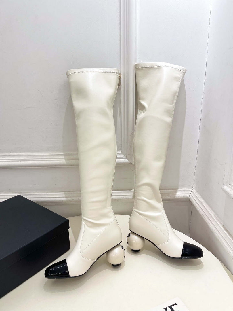Chanel Jumbo Pearl Heel Stretch Boots Shoes C93691