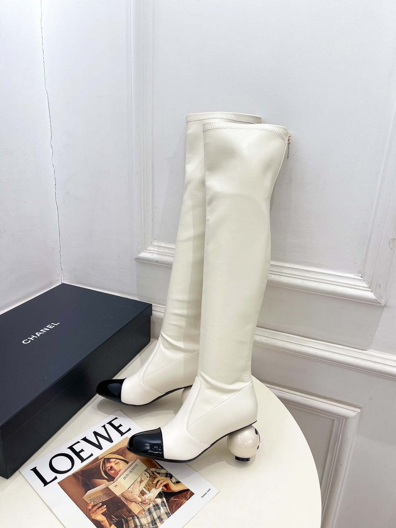 Chanel Jumbo Pearl Heel Stretch Boots Shoes C93691