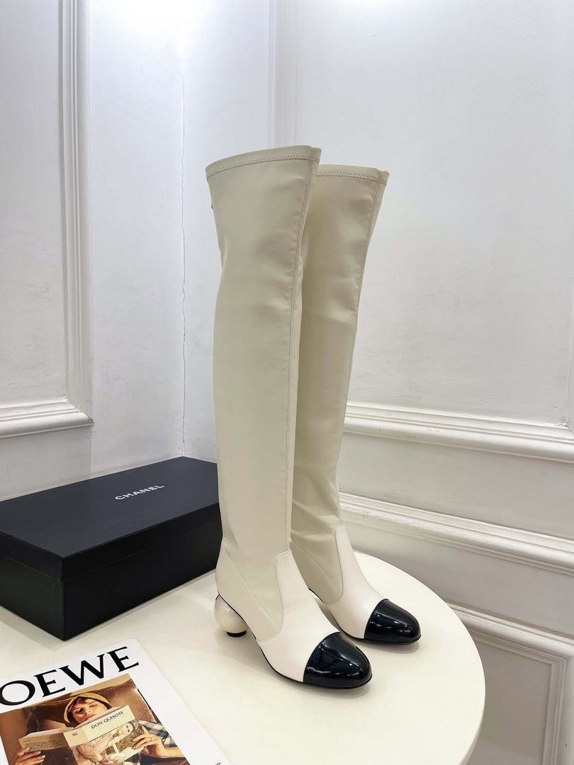 Chanel Jumbo Pearl Heel Stretch Boots Shoes C93691