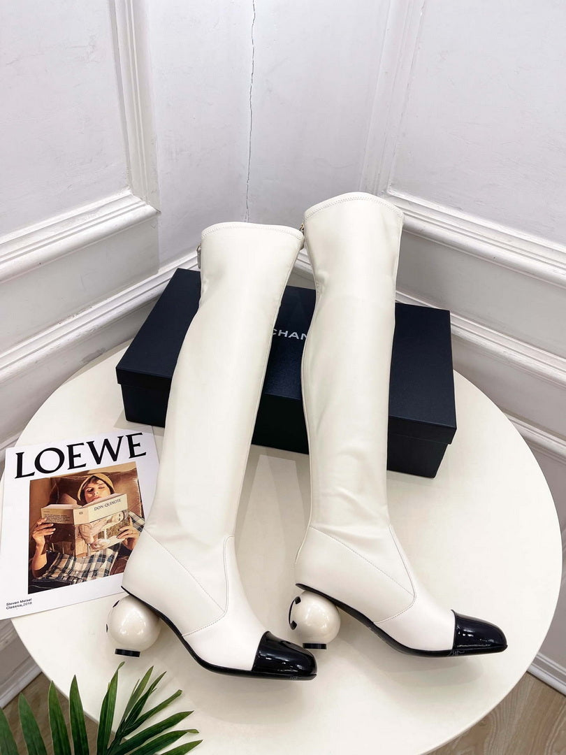 Chanel Jumbo Pearl Heel Stretch Boots Shoes C93691
