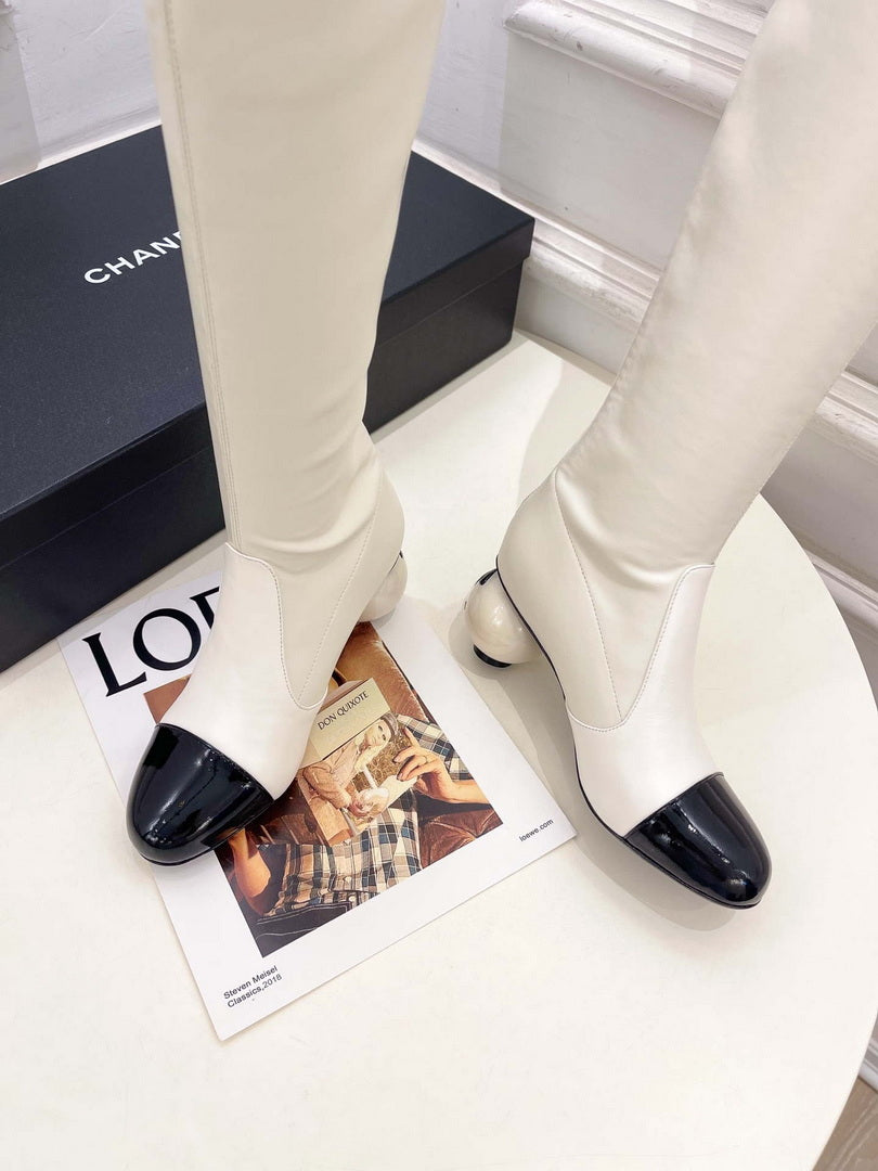 Chanel Jumbo Pearl Heel Stretch Boots Shoes C93691