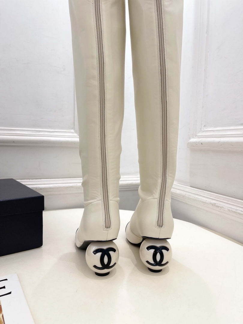 Chanel Jumbo Pearl Heel Stretch Boots Shoes C93691