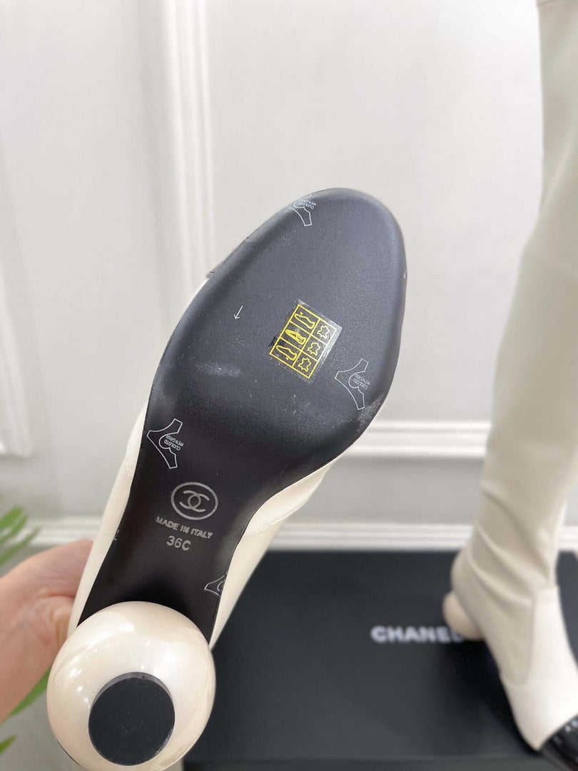 Chanel Jumbo Pearl Heel Stretch Boots Shoes C93691