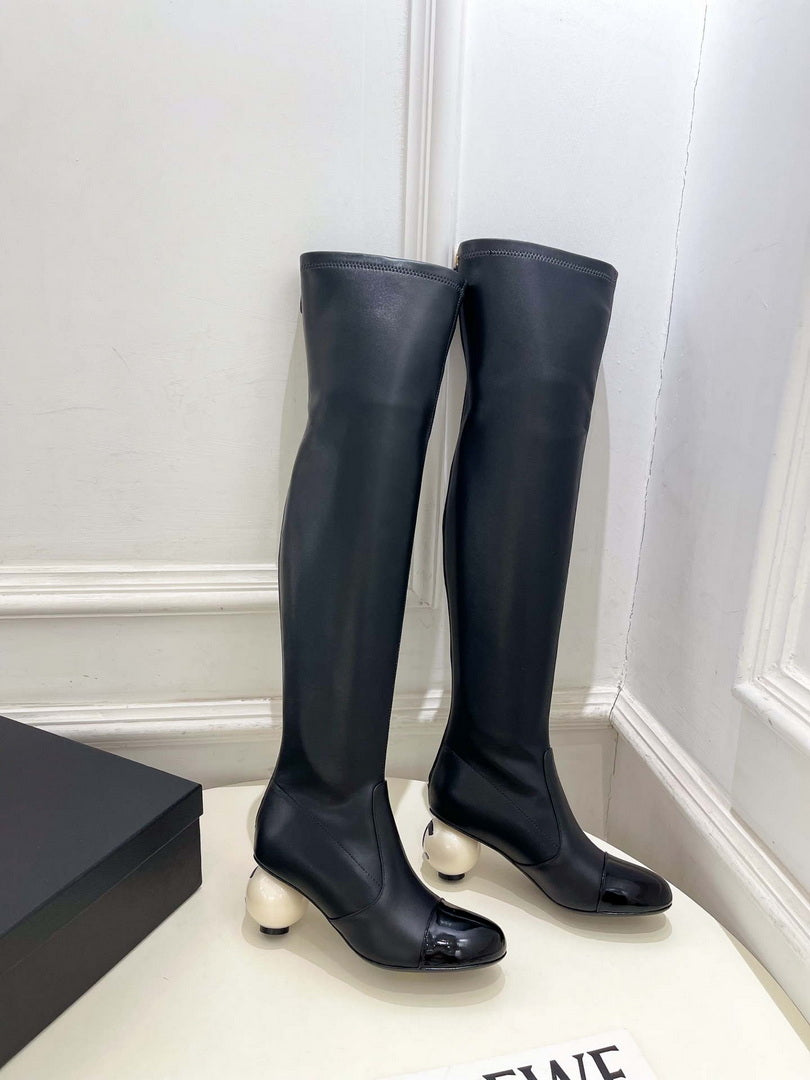 Chanel Jumbo Pearl Heel Stretch Boots Shoes C93692