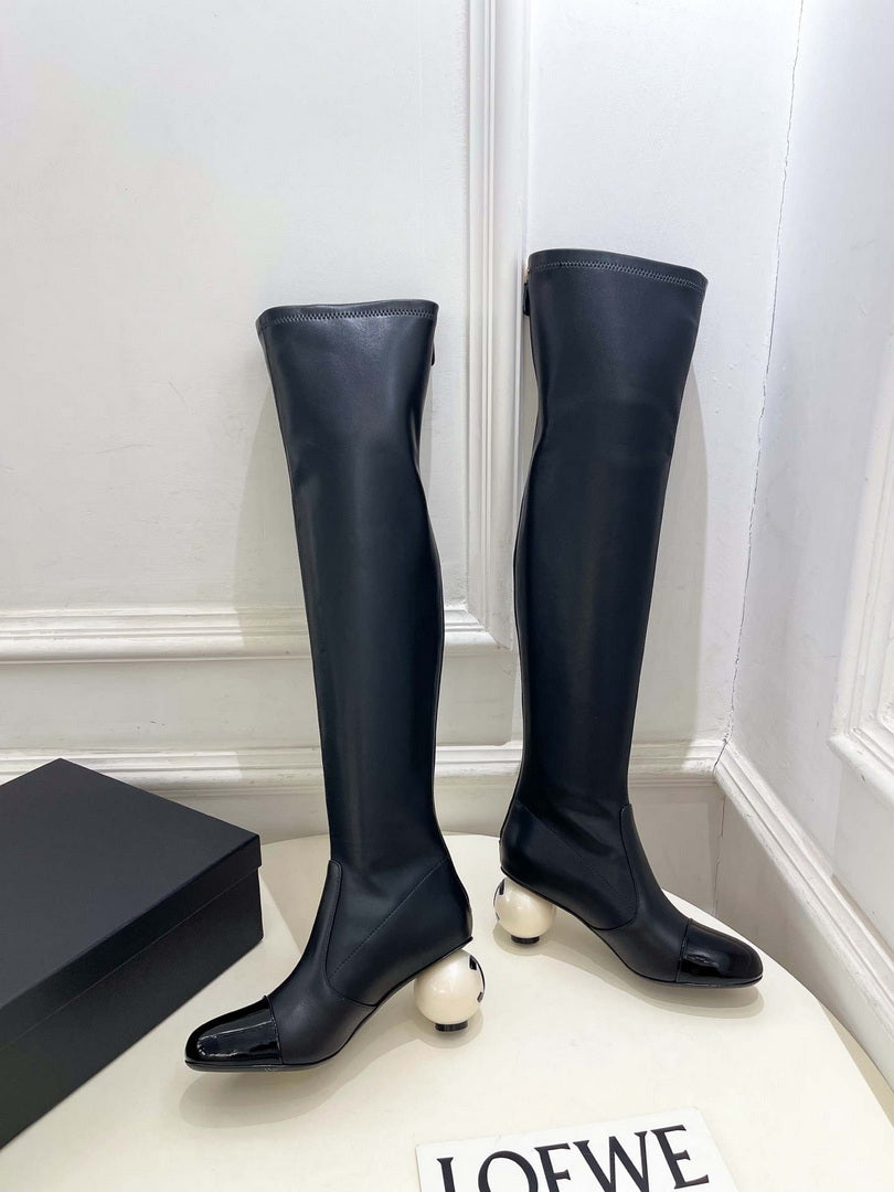 Chanel Jumbo Pearl Heel Stretch Boots Shoes C93692