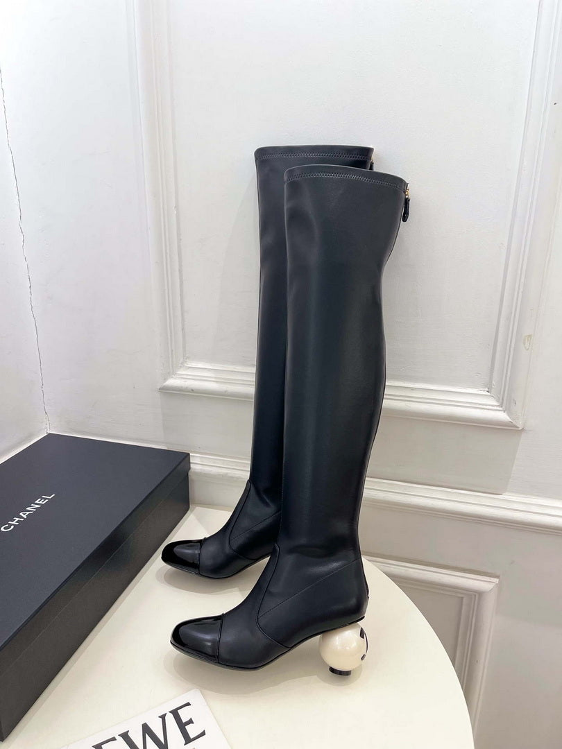 Chanel Jumbo Pearl Heel Stretch Boots Shoes C93692