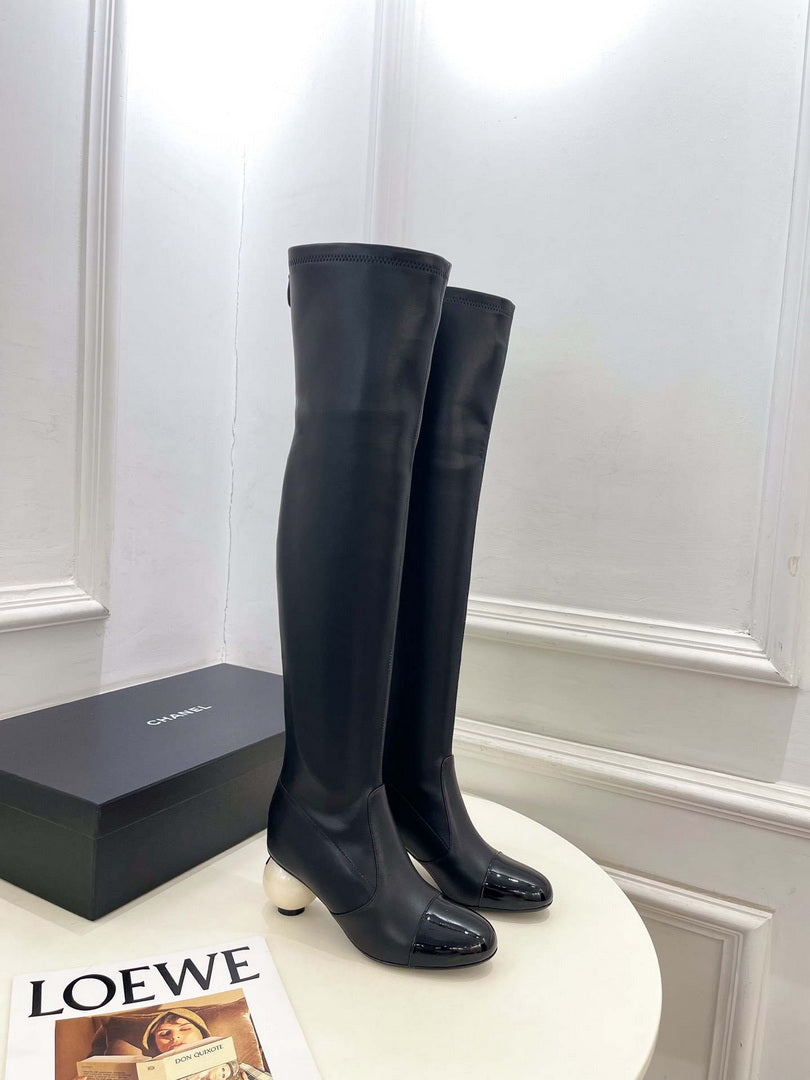 Chanel Jumbo Pearl Heel Stretch Boots Shoes C93692