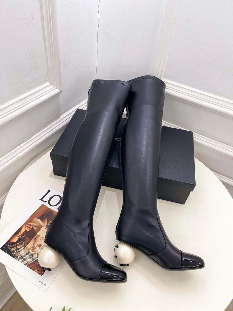 Chanel Jumbo Pearl Heel Stretch Boots Shoes C93692