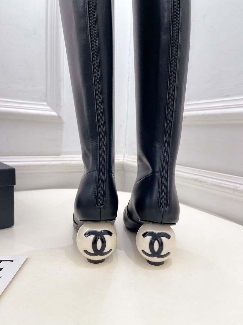 Chanel Jumbo Pearl Heel Stretch Boots Shoes C93692
