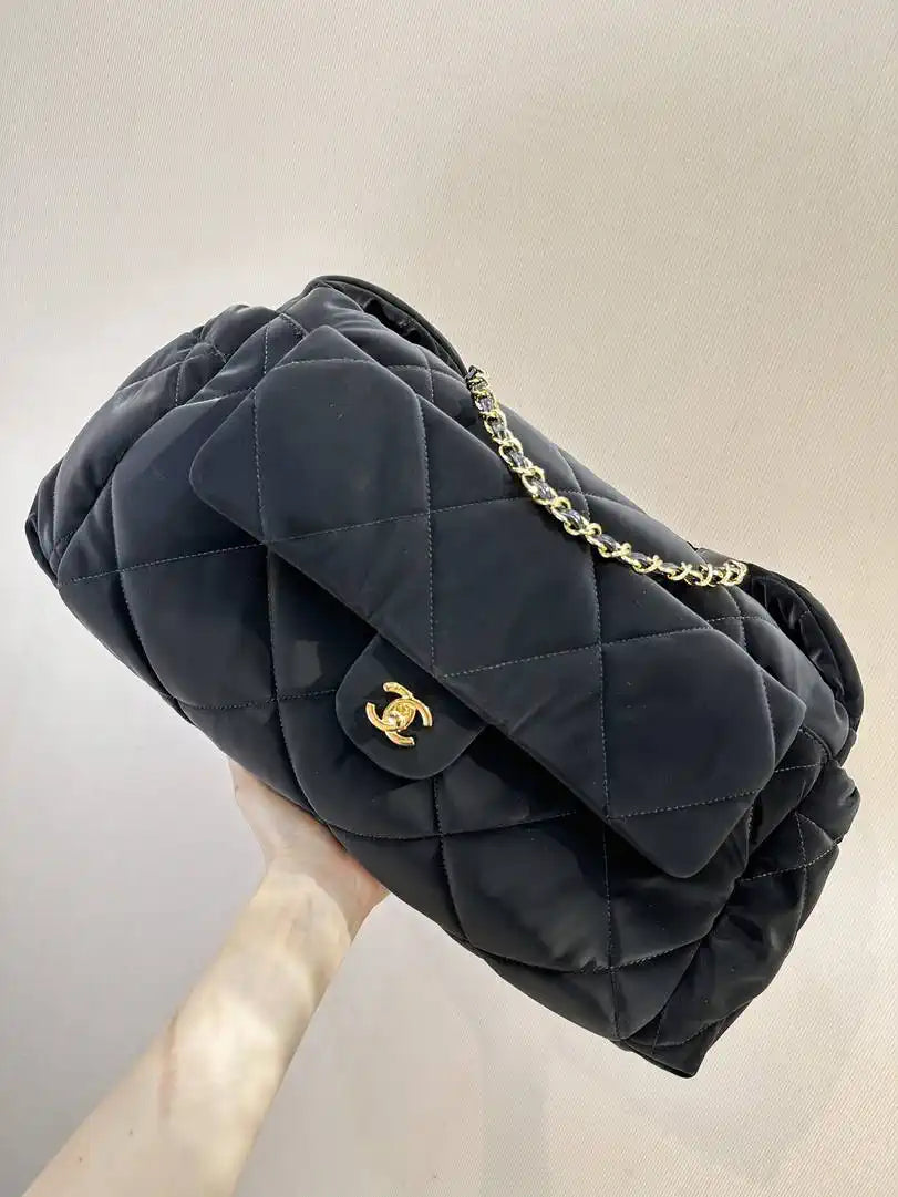 Chanel Large Bowling Bag Velvet-Effect Nylon & Gold-Tone Metal AS5054 Black