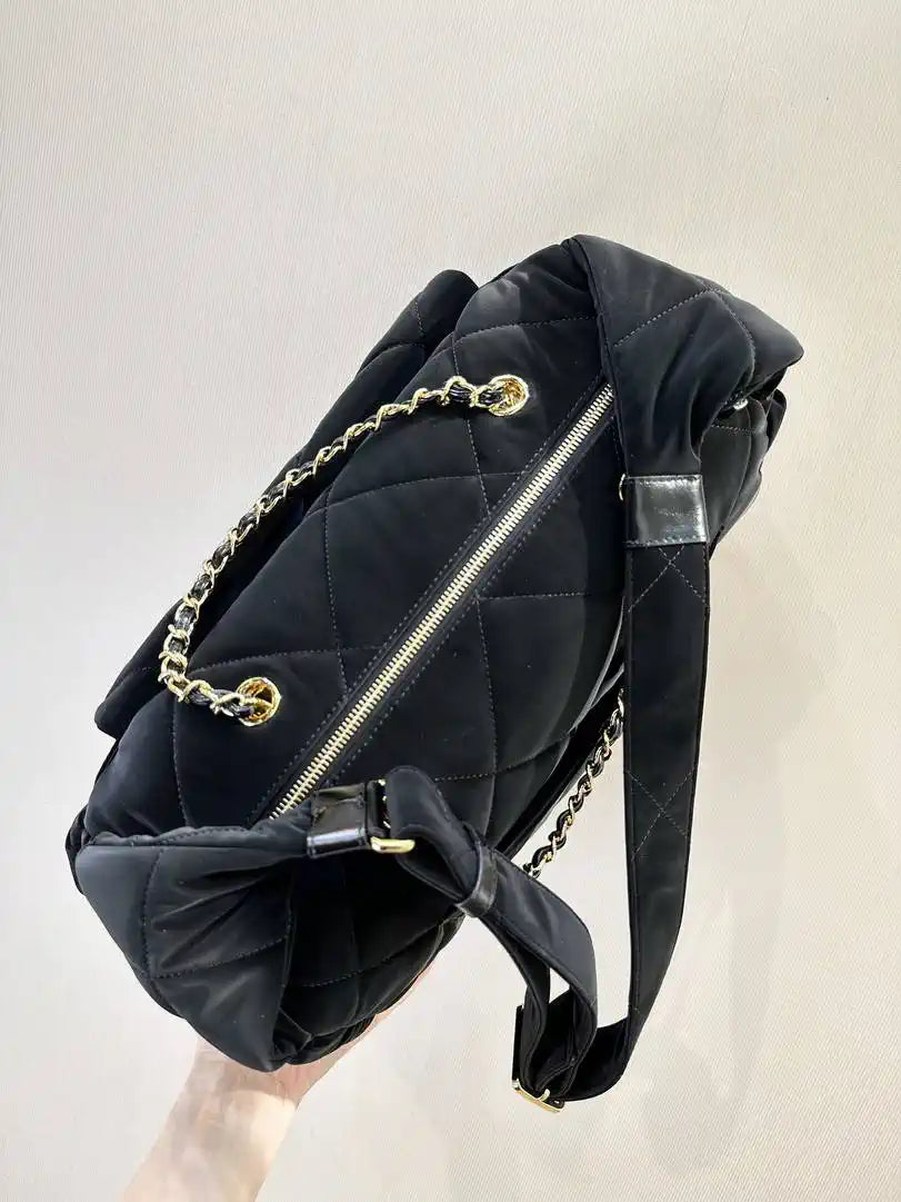 Chanel Large Bowling Bag Velvet-Effect Nylon & Gold-Tone Metal AS5054 Black