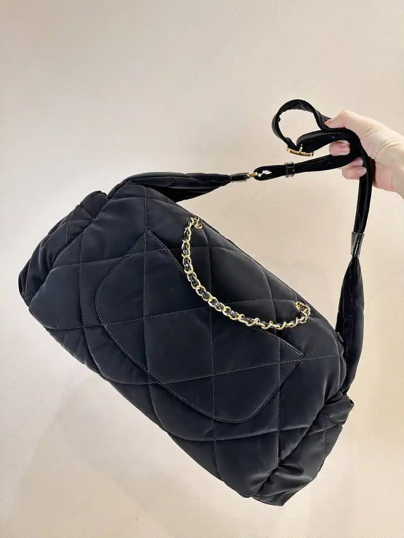 Chanel Large Bowling Bag Velvet-Effect Nylon & Gold-Tone Metal AS5054 Black