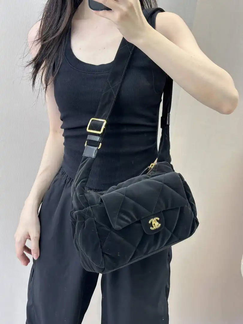Chanel Large Bowling Bag Velvet-Effect Nylon & Gold-Tone Metal AS5054 Black