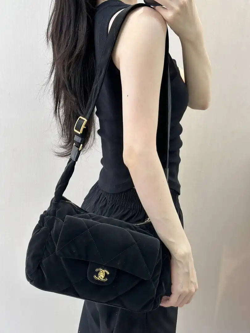 Chanel Large Bowling Bag Velvet-Effect Nylon & Gold-Tone Metal AS5054 Black