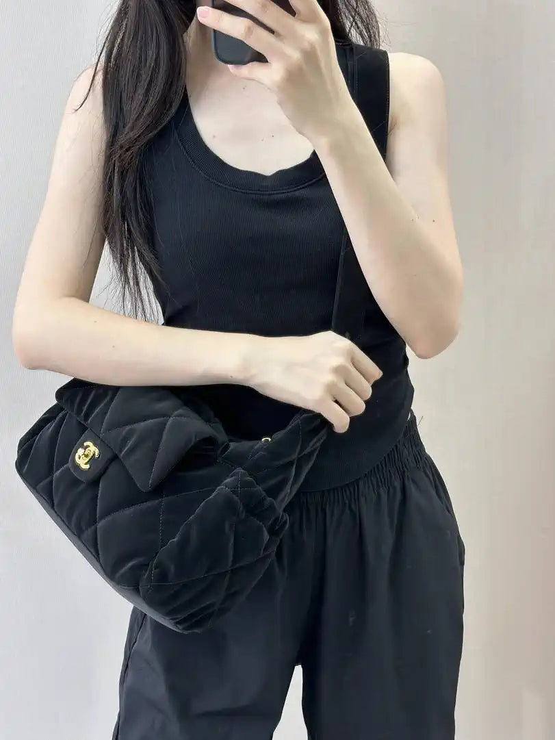 Chanel Large Bowling Bag Velvet-Effect Nylon & Gold-Tone Metal AS5054 Black