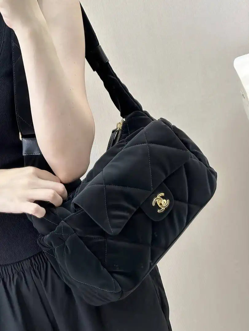 Chanel Large Bowling Bag Velvet-Effect Nylon & Gold-Tone Metal AS5054 Black