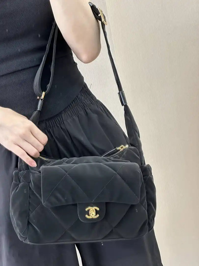 Chanel Large Bowling Bag Velvet-Effect Nylon & Gold-Tone Metal AS5054 Black
