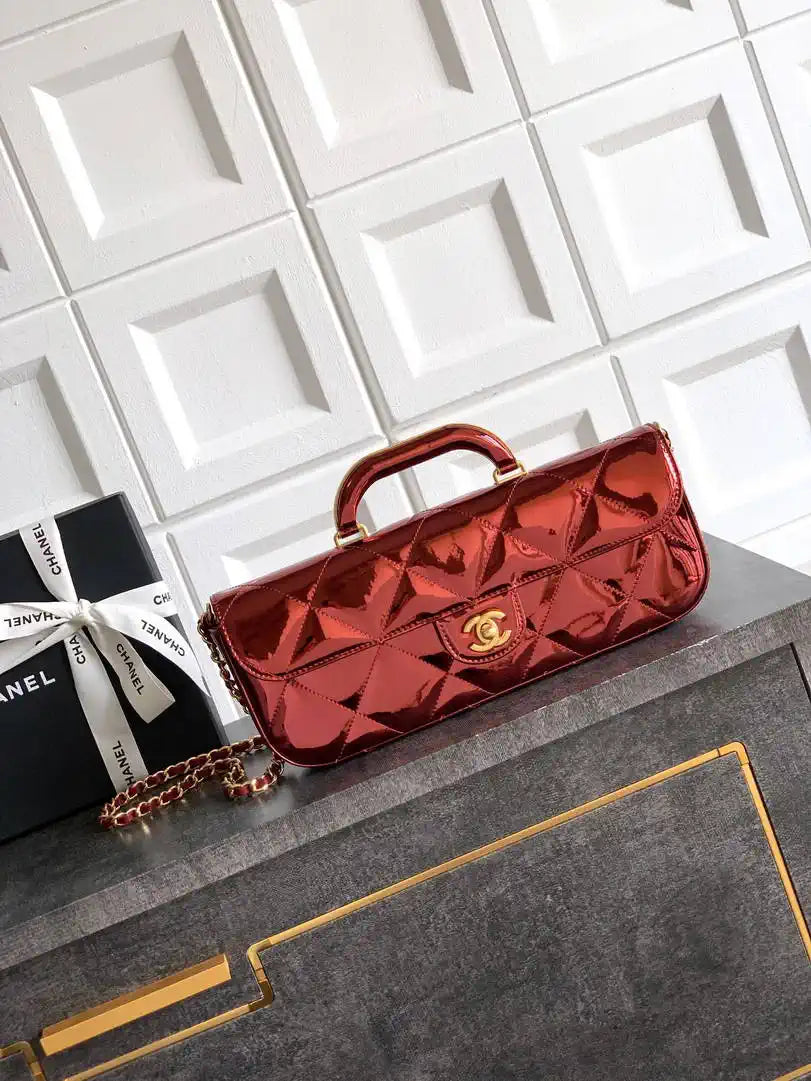 Chanel Large Flap Bag With Top Handle Metallic Mirror Calfskin AS5807 Burgundy