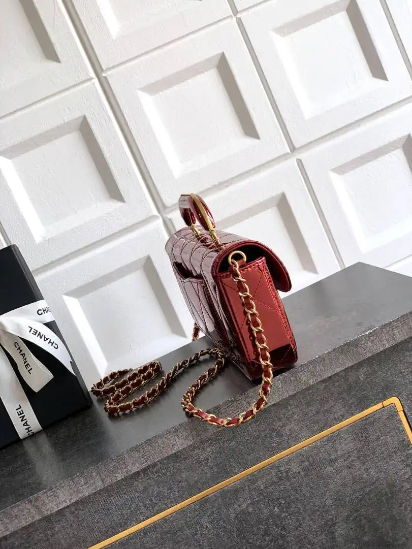 Chanel Large Flap Bag With Top Handle Metallic Mirror Calfskin AS5807 Burgundy