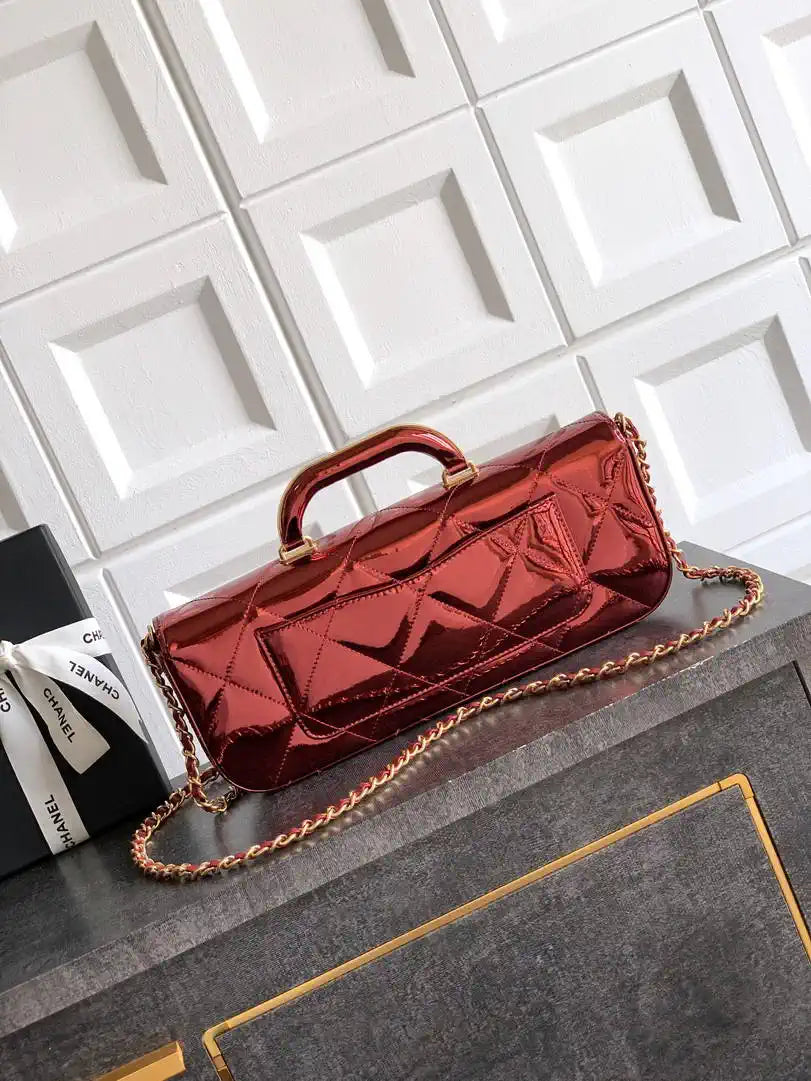 Chanel Large Flap Bag With Top Handle Metallic Mirror Calfskin AS5807 Burgundy