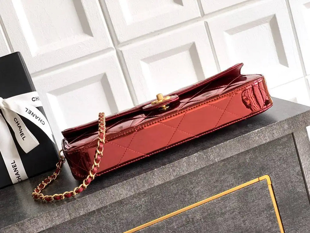 Chanel Large Flap Bag With Top Handle Metallic Mirror Calfskin AS5807 Burgundy