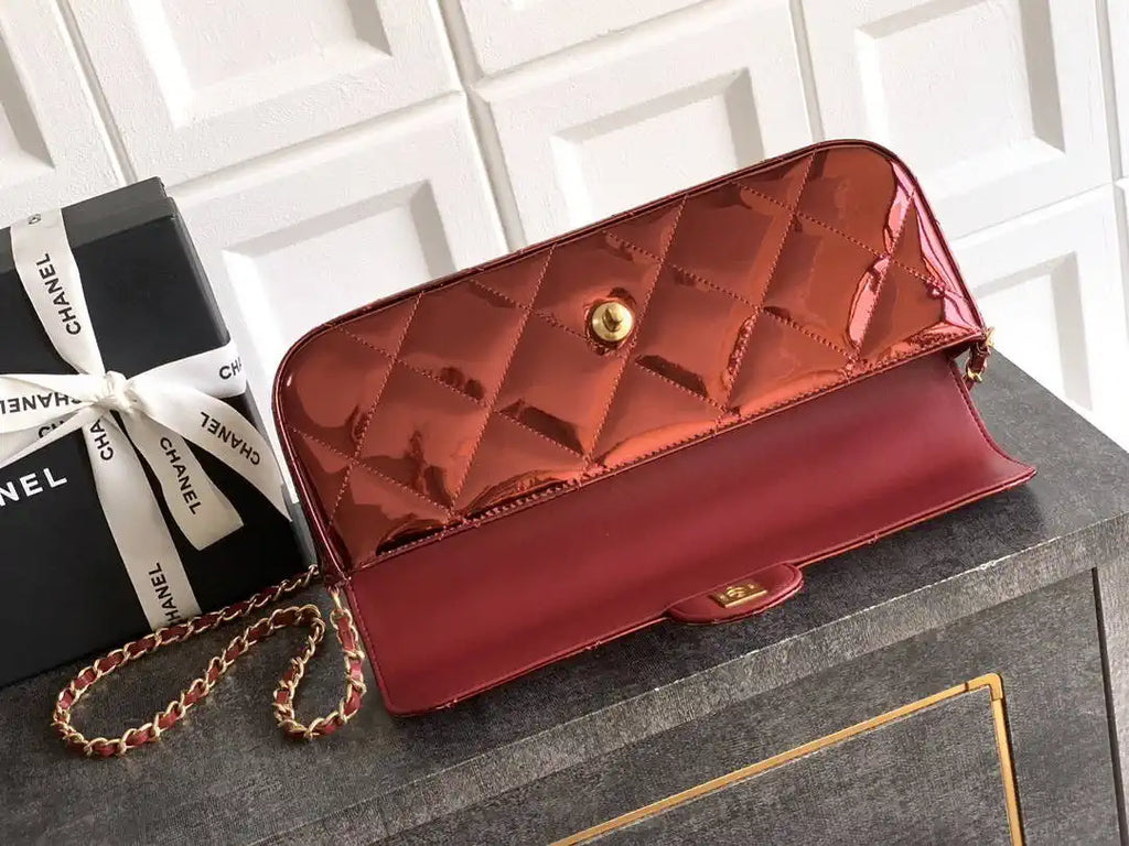 Chanel Large Flap Bag With Top Handle Metallic Mirror Calfskin AS5807 Burgundy