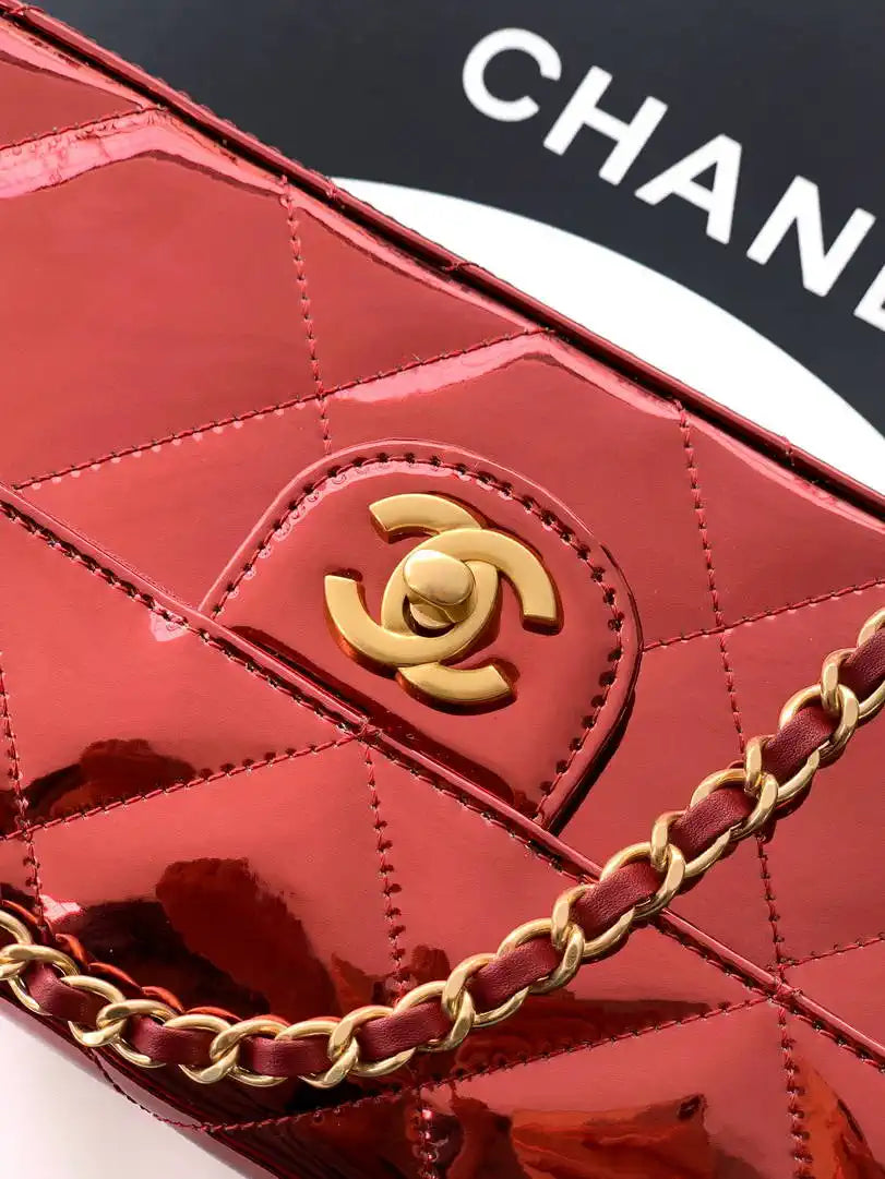 Chanel Large Flap Bag With Top Handle Metallic Mirror Calfskin AS5807 Burgundy