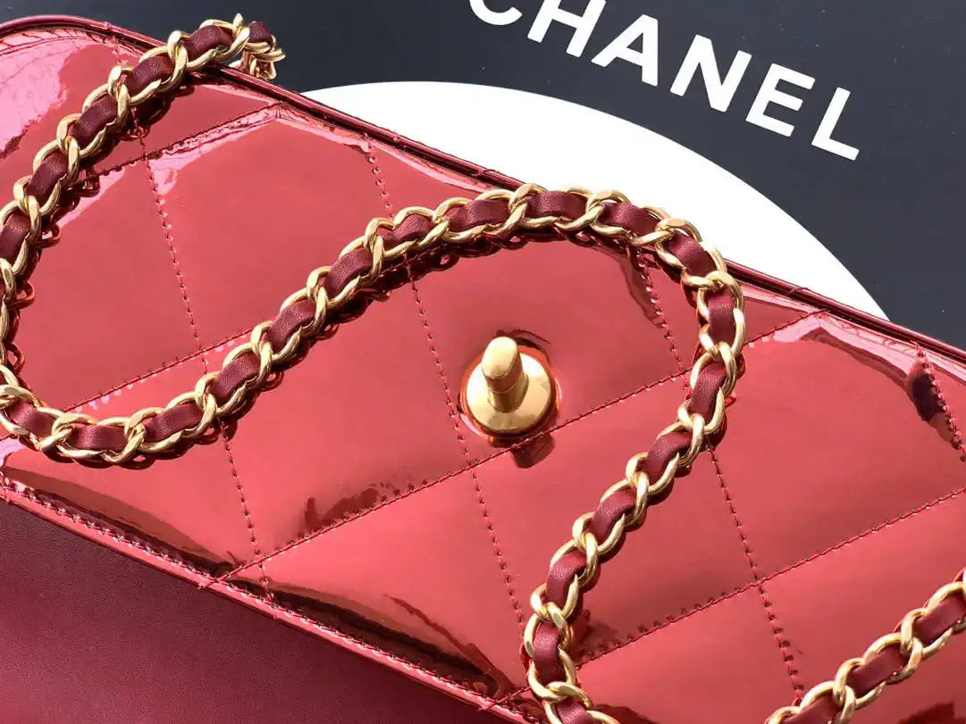 Chanel Large Flap Bag With Top Handle Metallic Mirror Calfskin AS5807 Burgundy